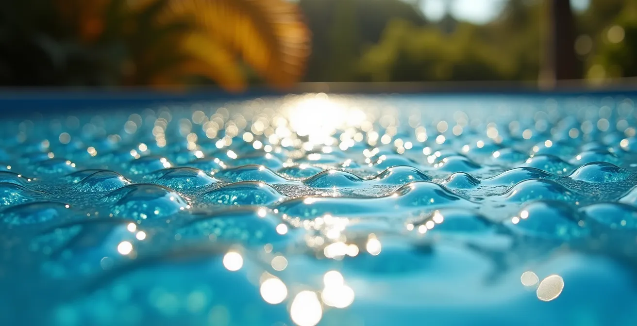 Bâche à bulles bleue sur une piscine, illustrant l'économie d'eau en milieu tropical sec