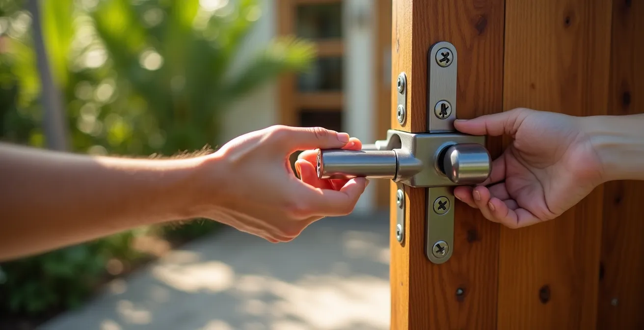 Barrière de sécurité en bois tropical protégeant une piscine avec varangue créole en arrière-plan