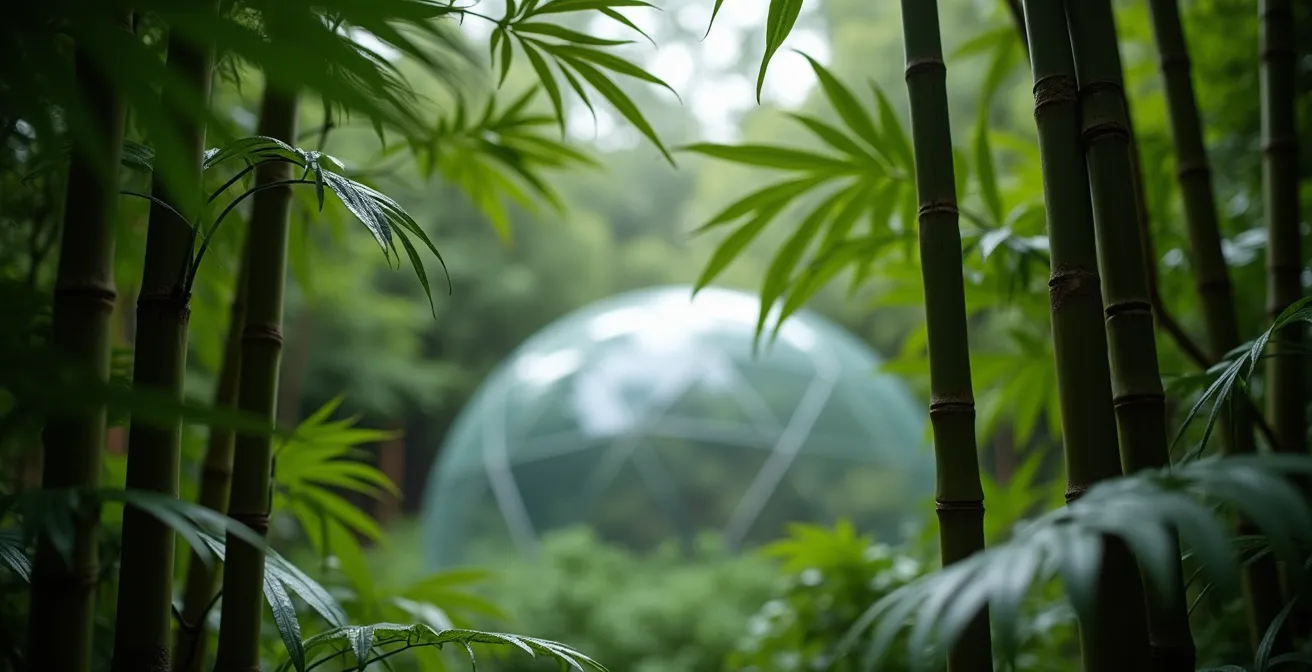 Bulle transparente entourée de végétation luxuriante garantissant l'intimité