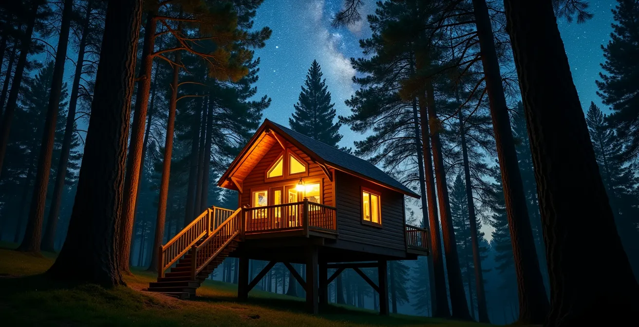 Cabane en bois perchée dans la canopée tropicale sous un ciel étoilé à La Réunion
