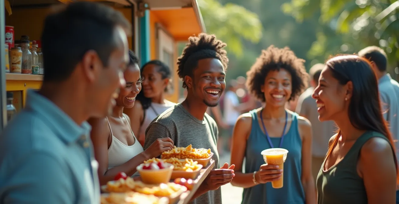 Camion-bar traditionnel réunionnais en bord de route avec file d'attente de travailleurs locaux