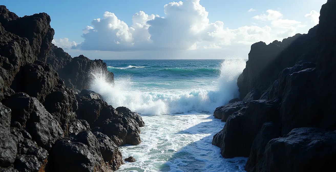Falaises de basalte noir du Cap Méchant avec vagues déferlantes sous le soleil de midi