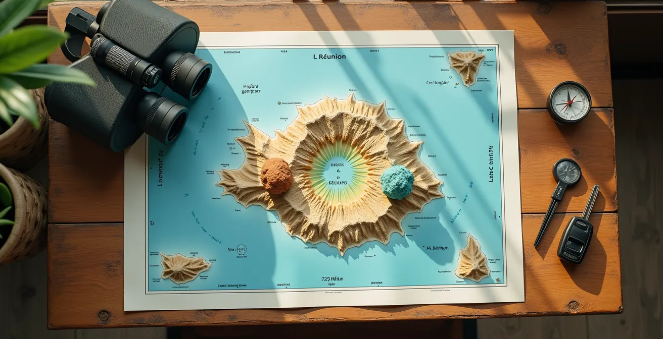 Vue aérienne de l'île de La Réunion avec des épingles marquant deux camps de base