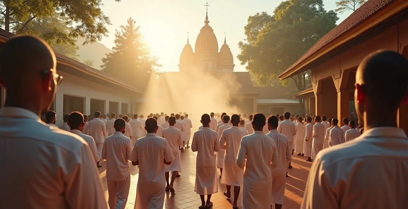 Vue d'ensemble d'une cérémonie hindoue à La Réunion avec fidèles en habits traditionnels dans une atmosphère de recueillement
