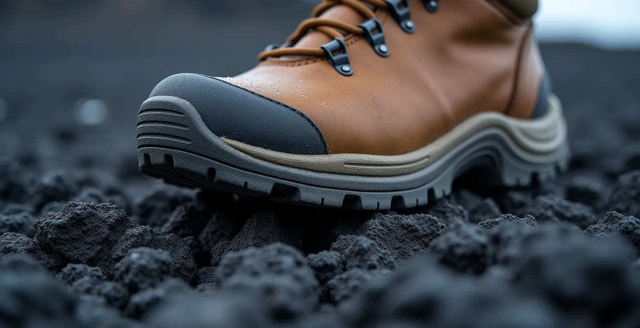 Gros plan sur une semelle de chaussure de randonnée sur roche volcanique à La Réunion