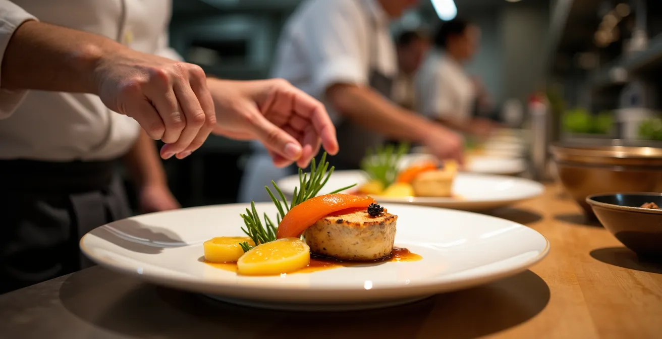 Chef cuisinier préparant des plats gastronomiques avec des produits locaux réunionnais dans une cuisine d'hôtel de luxe