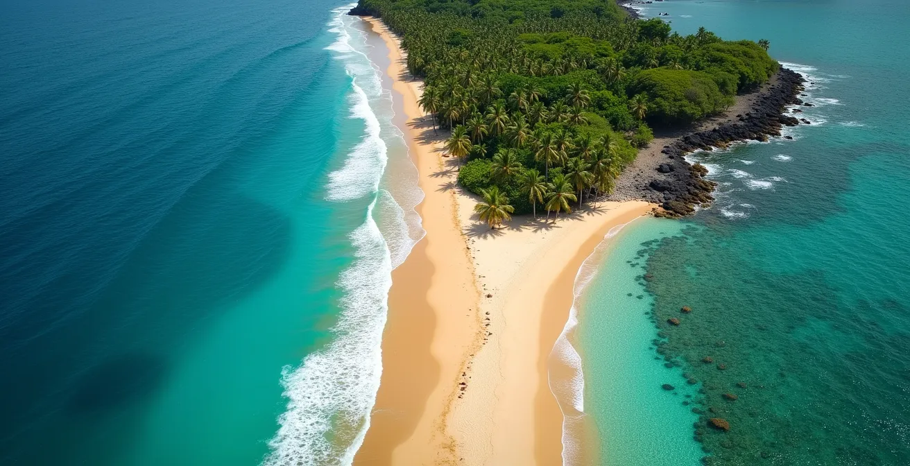 Vue aérienne comparative montrant le lagon protégé de l'Hermitage et les vagues de Boucan Canot à La Réunion