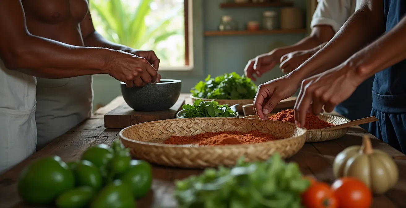 Scène de préparation collective d'un cari dans une cuisine créole traditionnelle