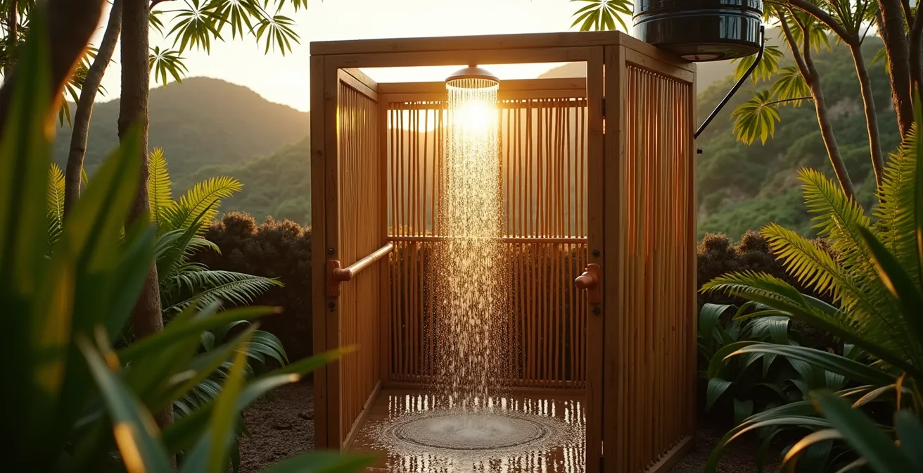 Douche extérieure avec système d'eau chaude solaire et minuteur visible dans un cadre tropical