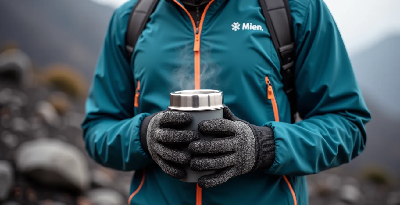 Randonneur équipé de vêtements techniques multicouches au sommet du Piton des Neiges