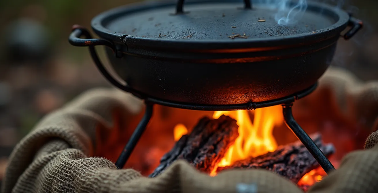 Équipement traditionnel de cuisson au feu de bois avec marmites et trépied