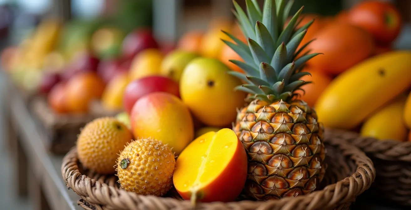 Étal coloré de fruits tropicaux de saison au marché de Saint-Paul à La Réunion