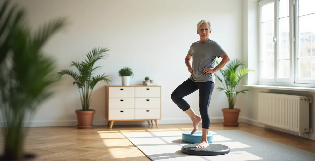 Senior effectuant des exercices d'équilibre sur une jambe en préparation pour la randonnée