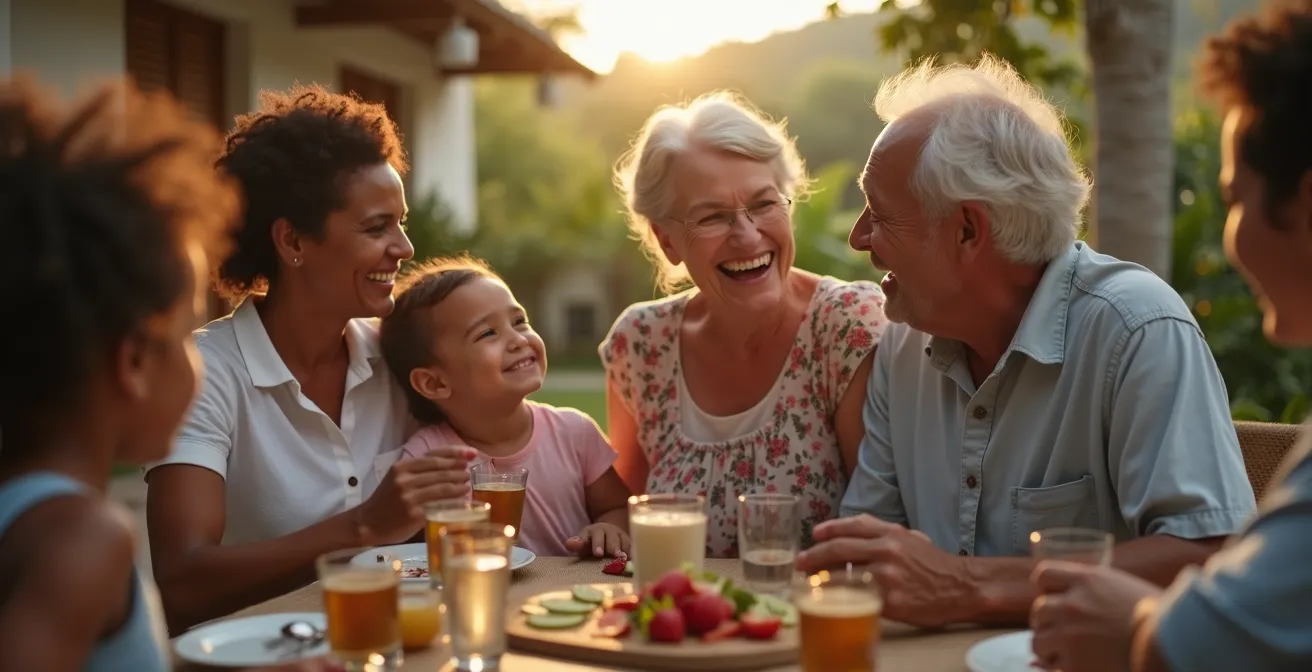 Famille créole multigénérationnelle réunie dans une cour traditionnelle réunionnaise
