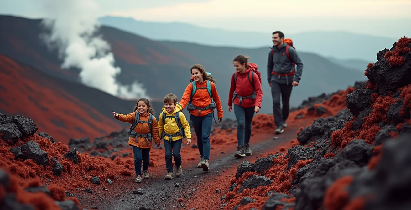 Famille avec enfants marchant sur les paysages volcaniques du Piton de la Fournaise