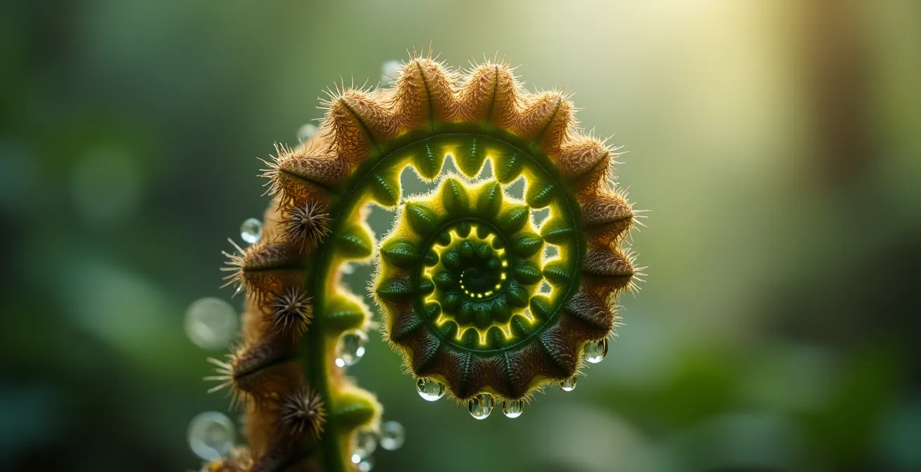 Gros plan macro sur une crosse de fougère arborescente déroulée avec des gouttelettes de rosée dans la lumière matinale