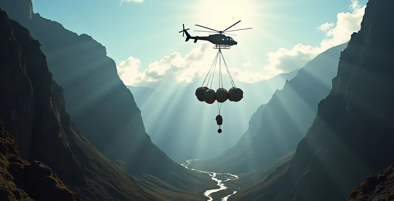 Hélicoptère transportant un filet de déchets compactés au-dessus des remparts de Mafate