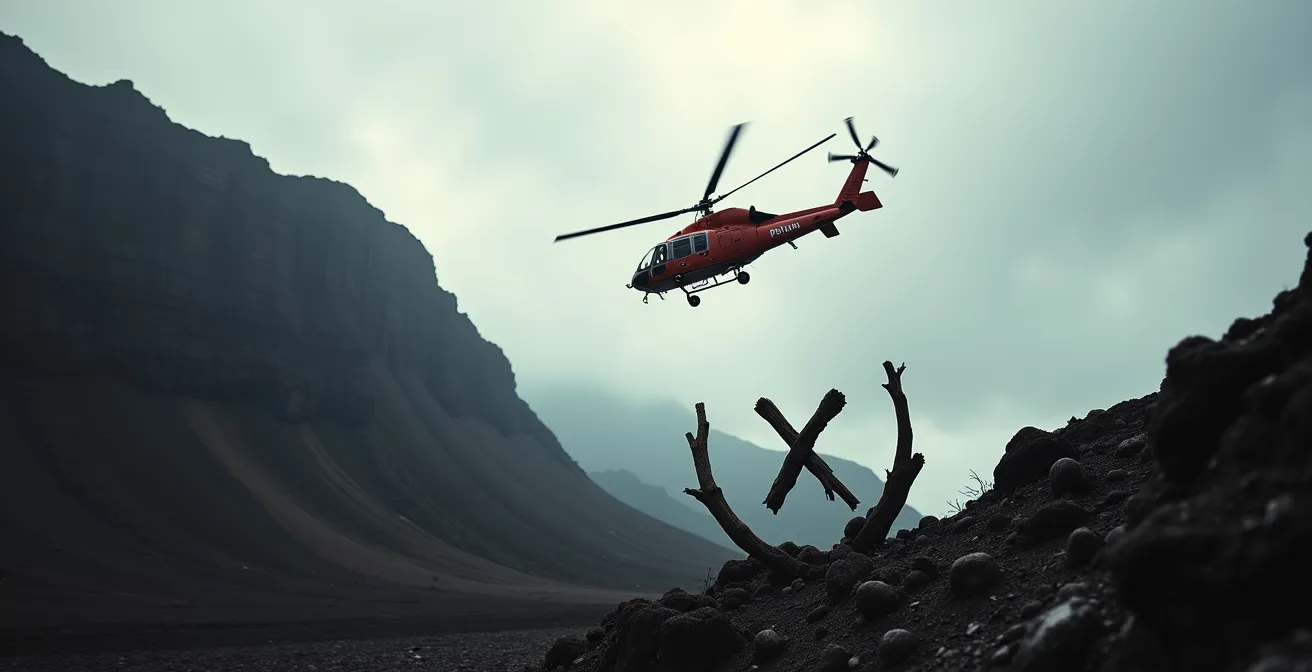 Hélicoptère du PGHM survolant les remparts volcaniques de La Réunion avec interdiction de drones