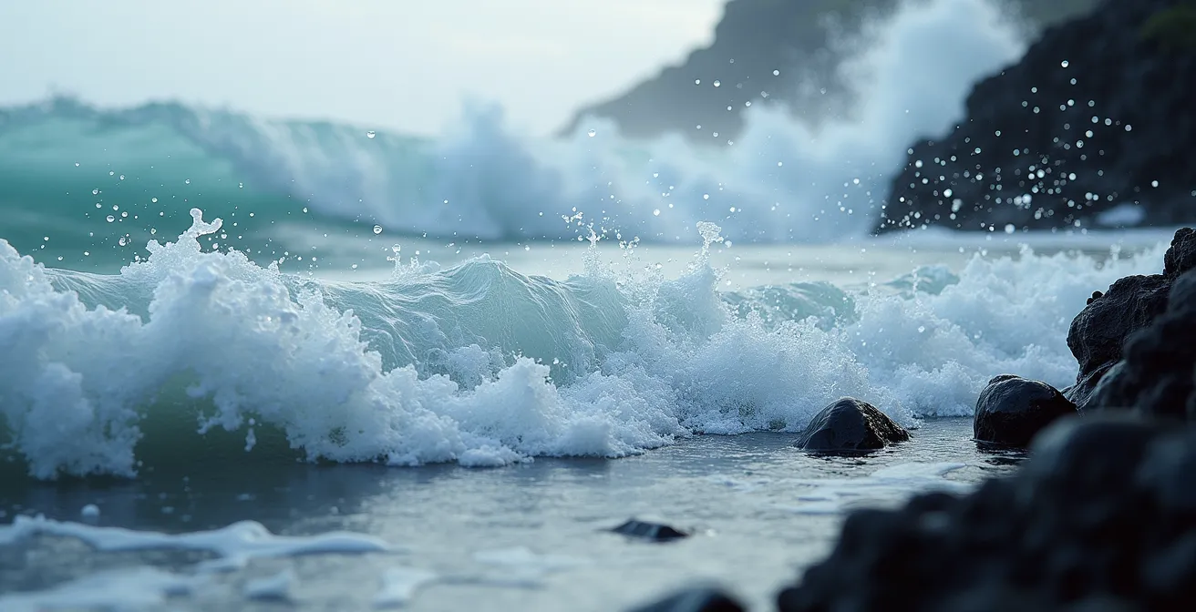 Vue panoramique de la houle australe depuis un point d'observation sécurisé avec barrières naturelles