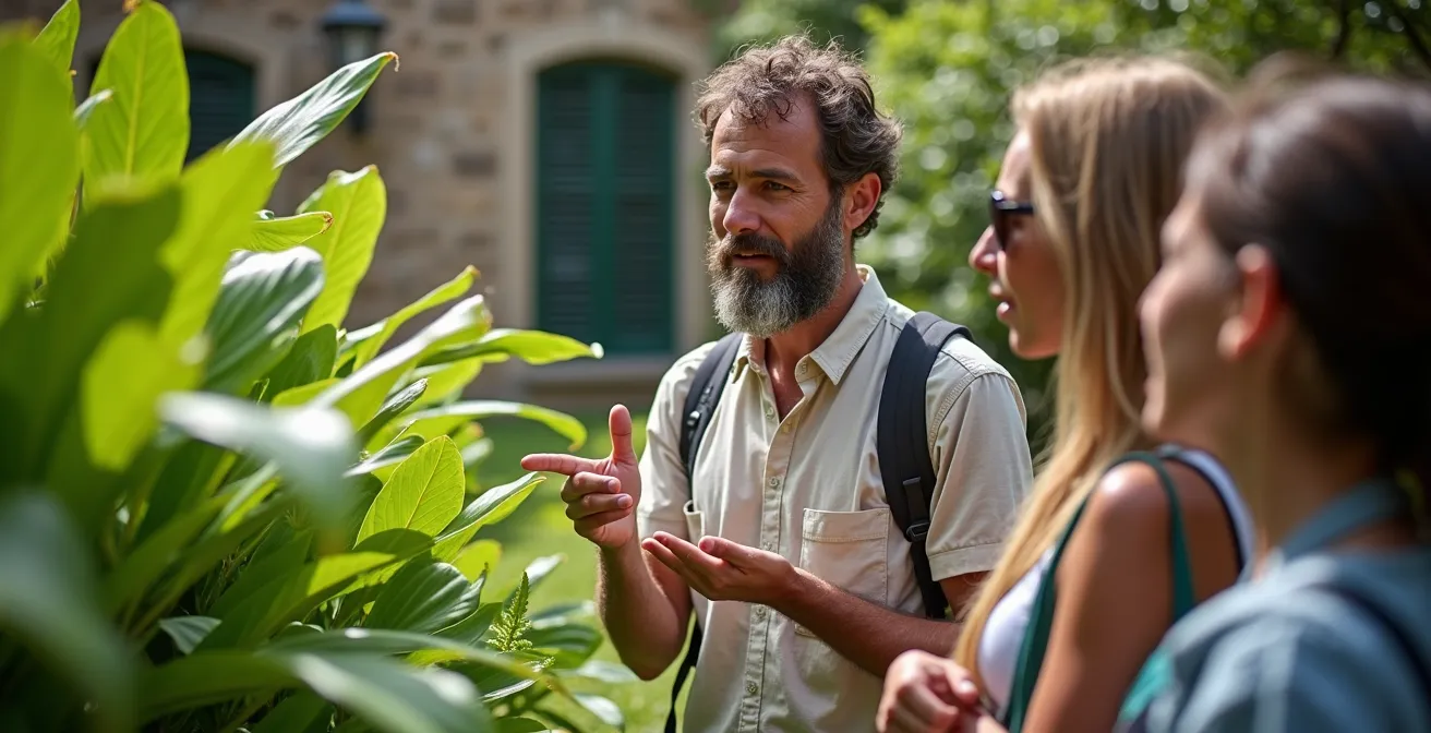 Vue aérienne du domaine Mascarin avec ses collections végétales en terrasses et la demeure créole historique au centre