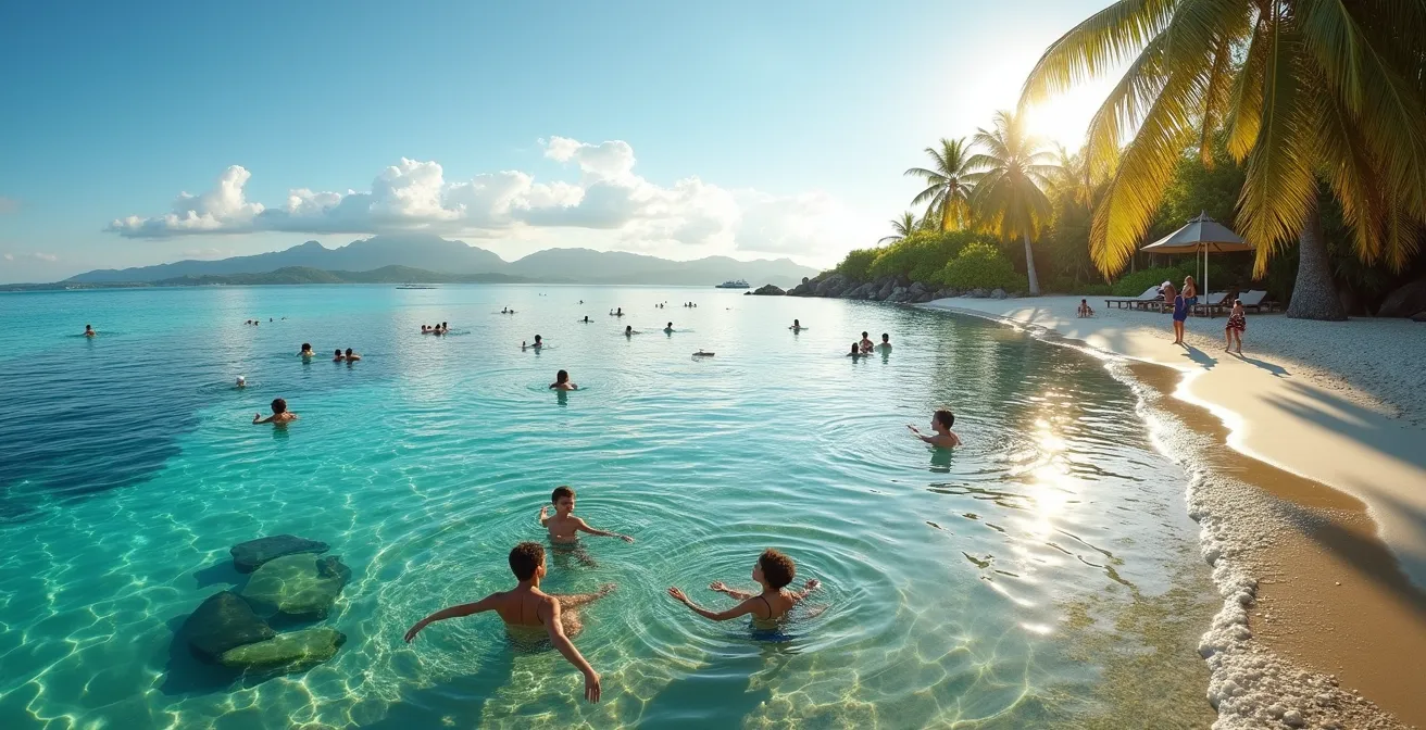 Vue large du lagon de l'Hermitage à marée haute avec des baigneurs et snorkeleurs profitant de la profondeur idéale