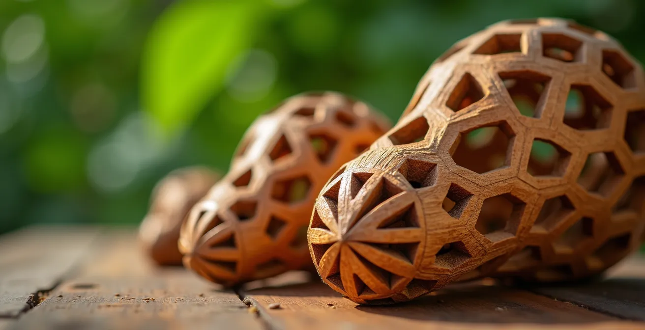 Détail en gros plan de lambrequins en bois sculpté d'une case créole, montrant les motifs géométriques traditionnels