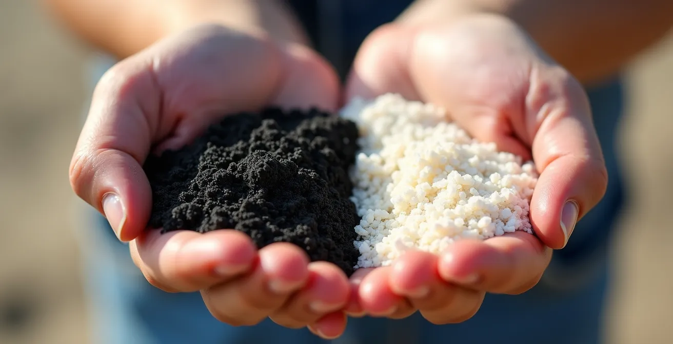 Main d'enfant tenant du sable noir volcanique d'un côté et du sable blanc corallien de l'autre