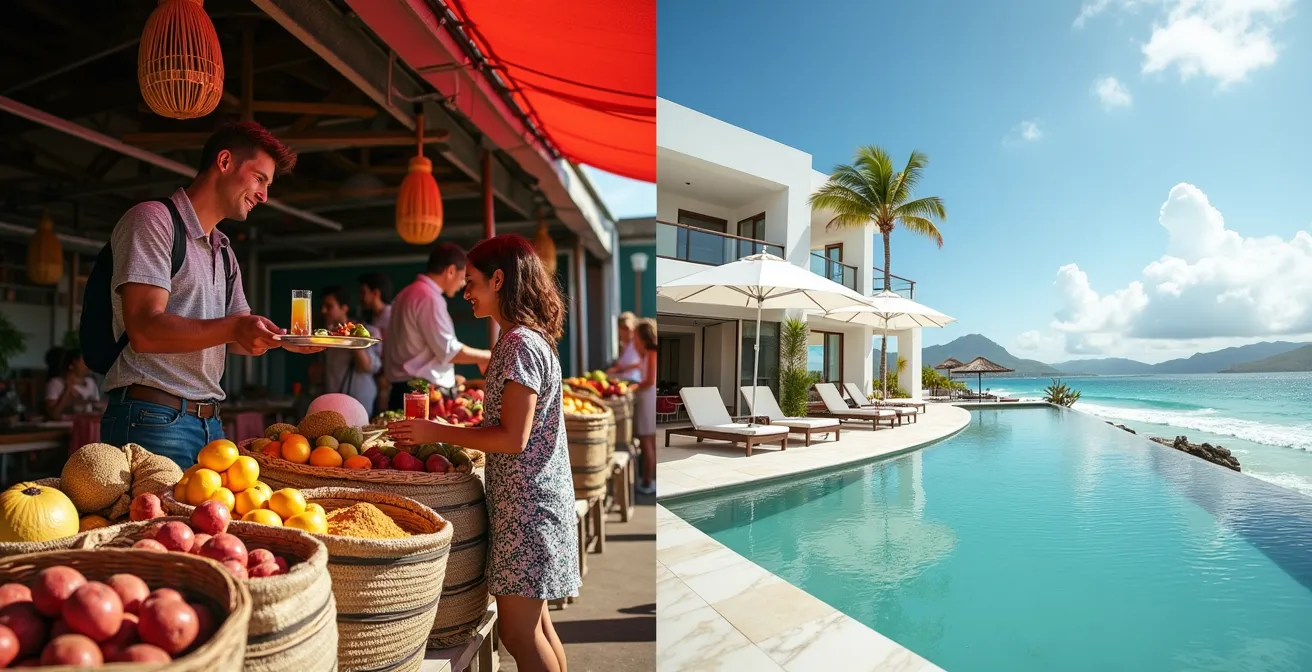 Contraste entre marché créole authentique et resort de luxe sur plage