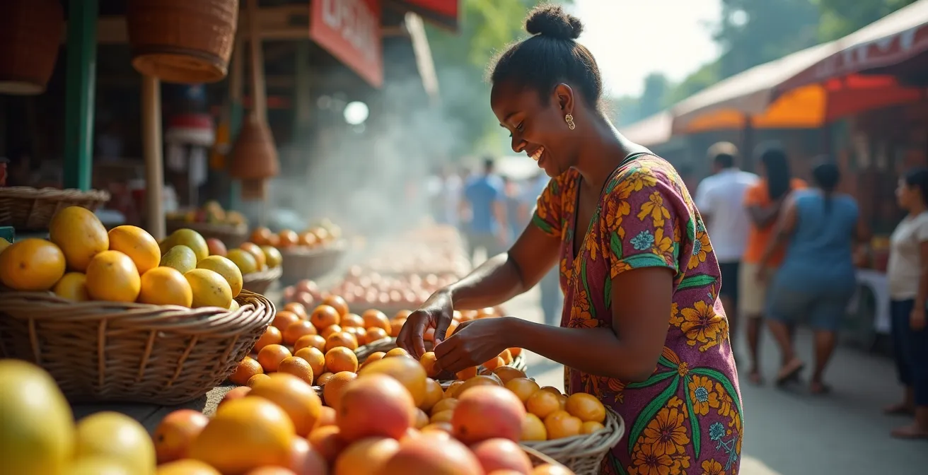 Marché forain animé de Saint-Pierre avec étals colorés de fruits tropicaux et épices locales
