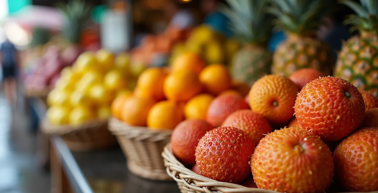 Étal de marché coloré avec fruits tropicaux locaux de La Réunion