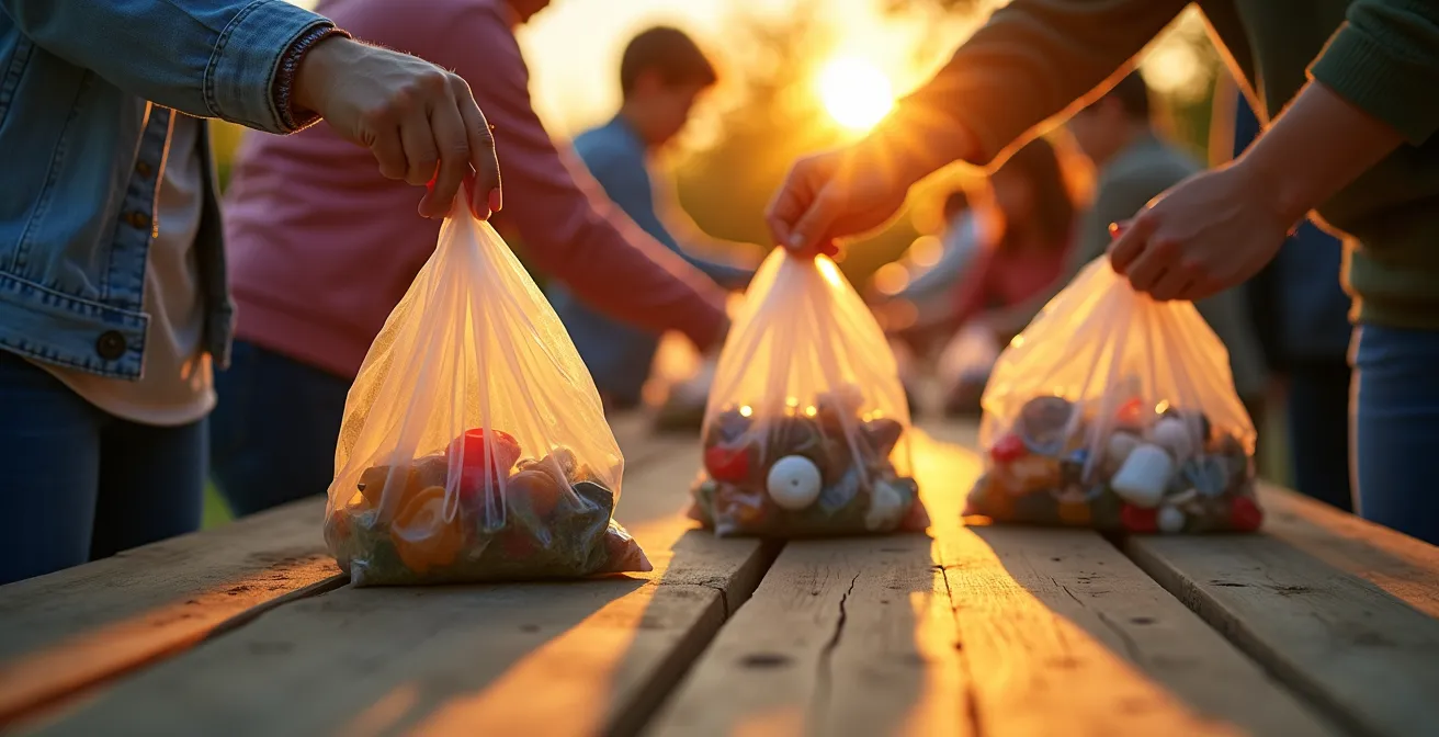 Famille nettoyant ensemble l'aire de pique-nique en fin de journée