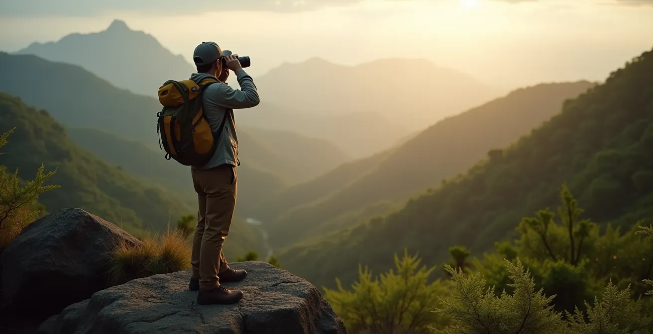Observateur silencieux dans la forêt de la Roche Écrite au lever du soleil, habitat du Tuit-Tuit