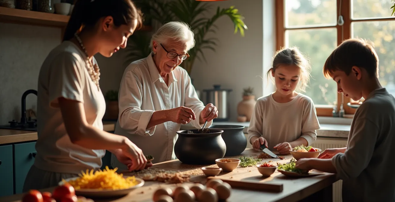 Famille préparant les marmites et le matériel pour le pique-nique dominical