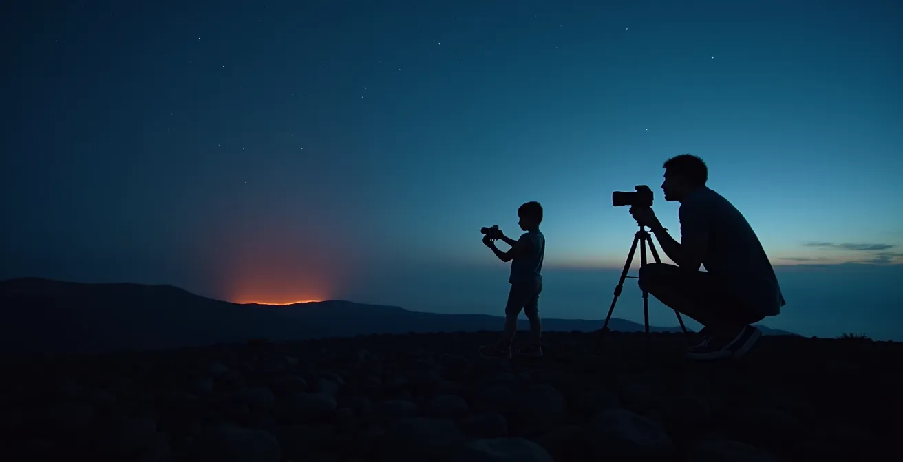 Parent photographiant l'éruption nocturne du Piton de la Fournaise avec un enfant observateur à ses côtés