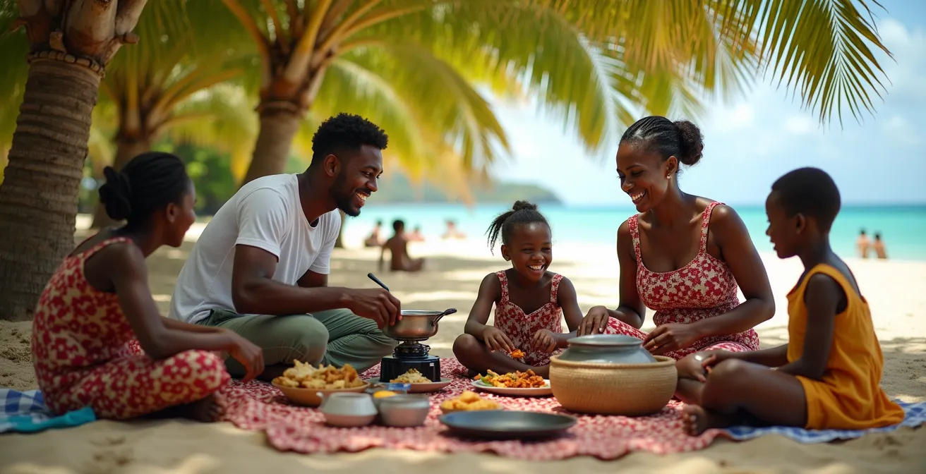 Famille réunionnaise préparant un pique-nique traditionnel avec réchaud à gaz sous les filaos