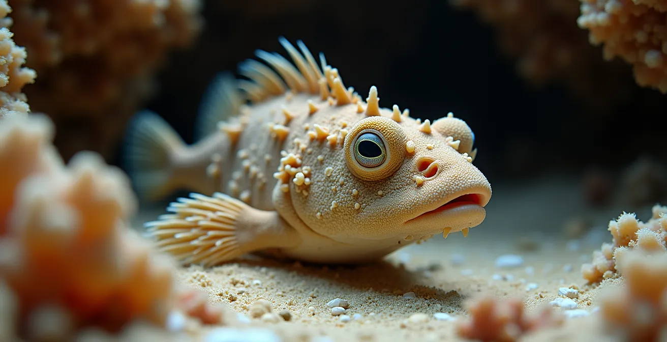 Gros plan macro d'un poisson-pierre parfaitement camouflé entre les coraux dans le lagon de La Réunion