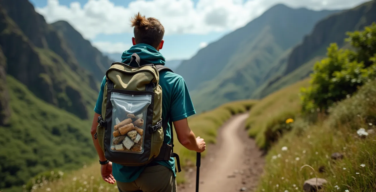 Randonneur avec sac à dos sur un sentier de montagne à La Réunion portant un sac de déchets attaché à l'extérieur