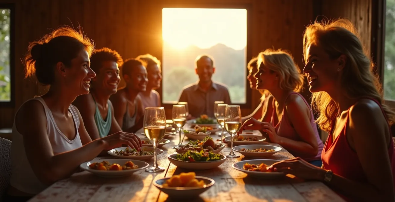 Table commune d'un gîte avec randonneurs partageant un cari traditionnel à la lumière du soleil couchant