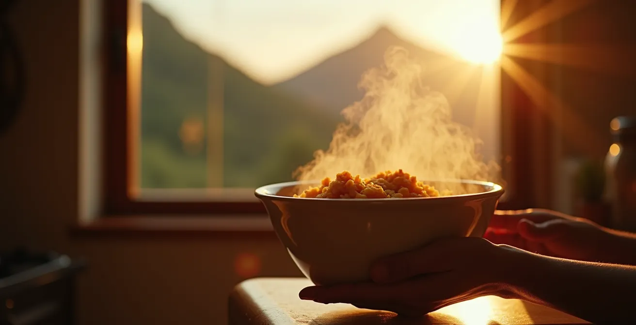Riz chauffé créole dans une assiette traditionnelle avec vapeur montante au lever du jour