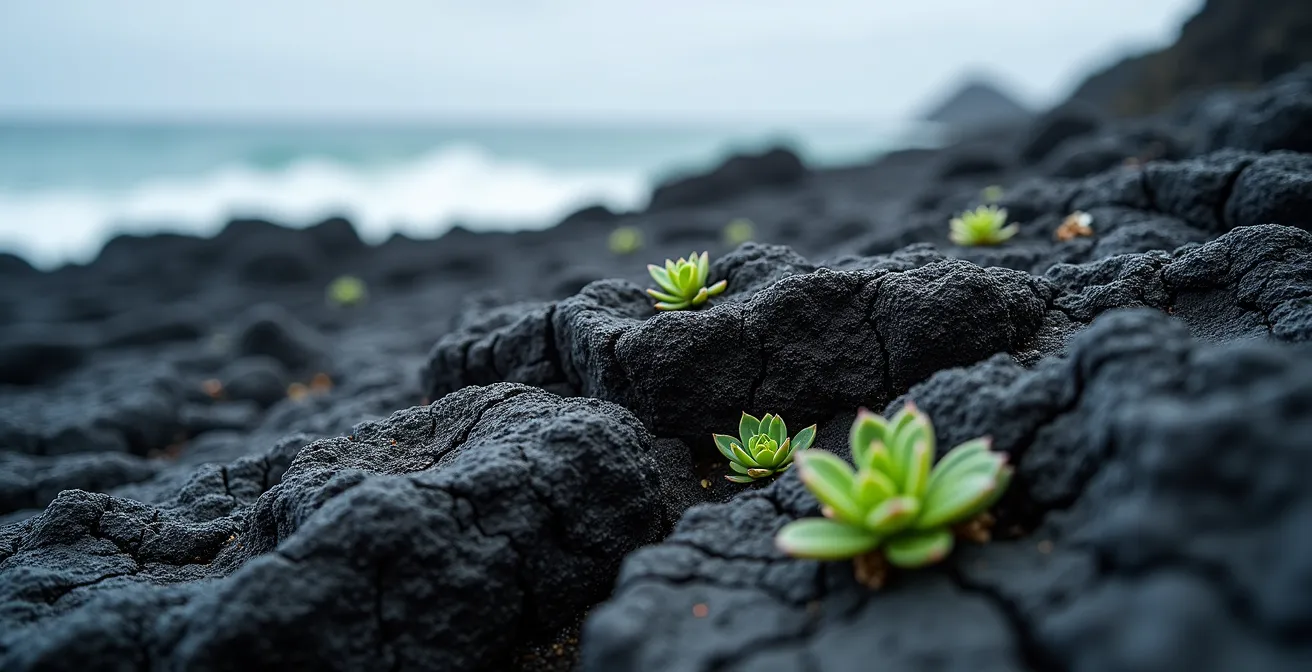 Vue aérienne de la route des laves serpentant entre océan déchaîné et coulées volcaniques noires