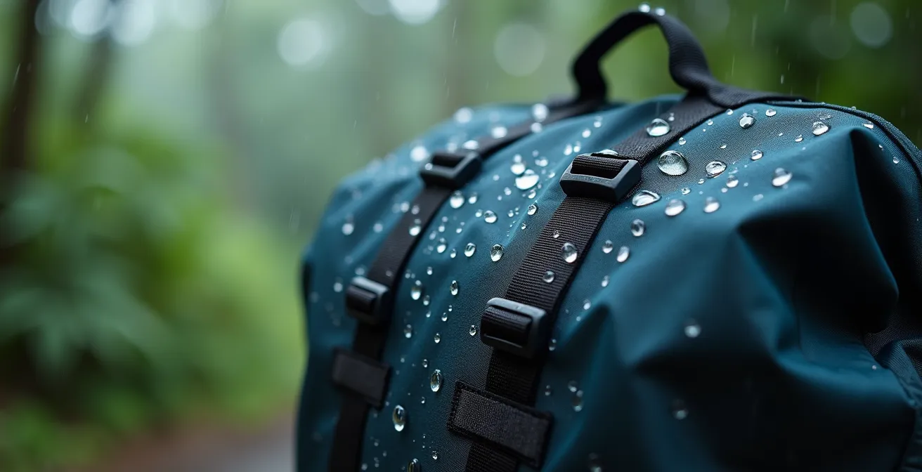 Sac à dos avec housse de pluie sur sentier boueux dans la forêt tropicale humide de Bélouve