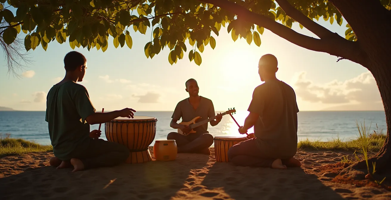 Musiciens jouant du kayamb et des percussions traditionnelles lors d'une soirée Séga