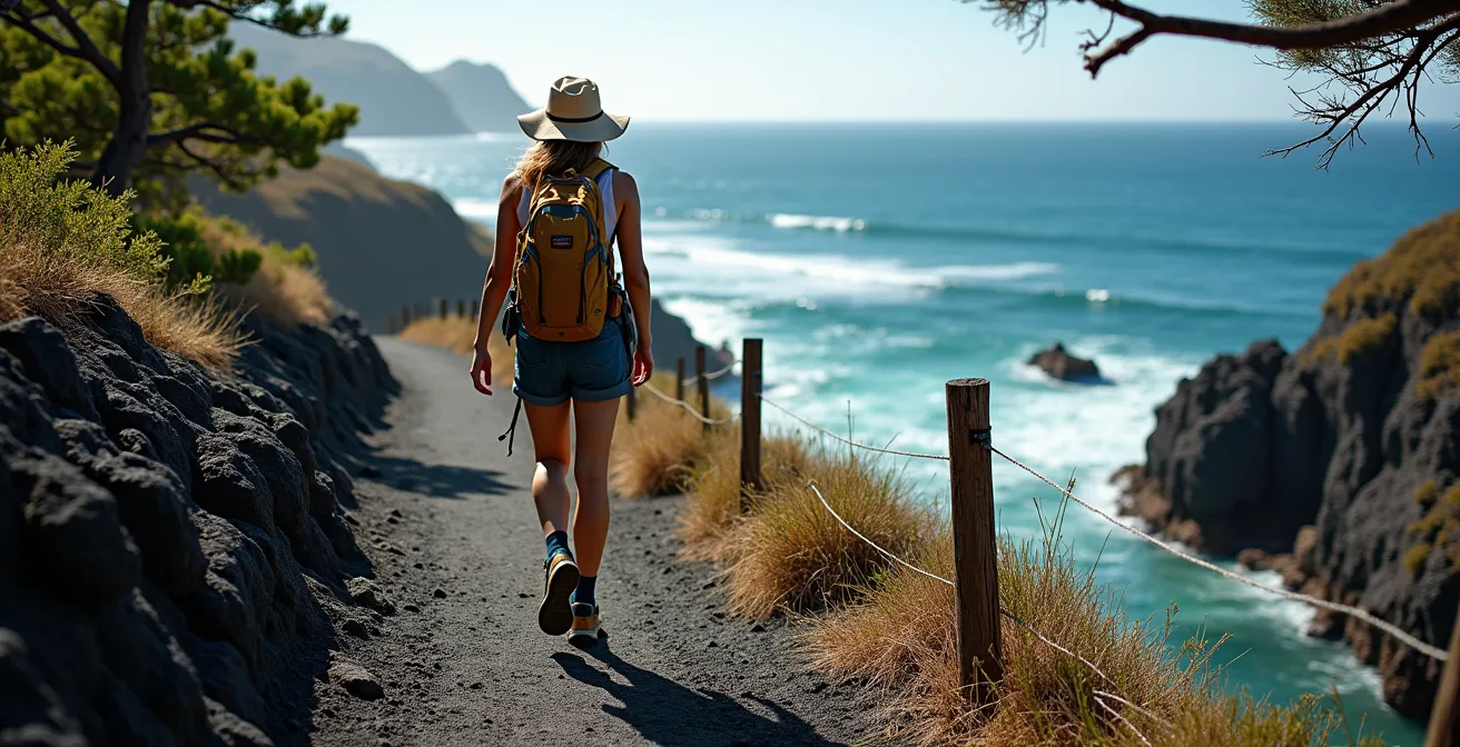 Sentier côtier entre l'Étang-Salé et Saint-Leu avec balisage de sécurité et vue sur l'océan