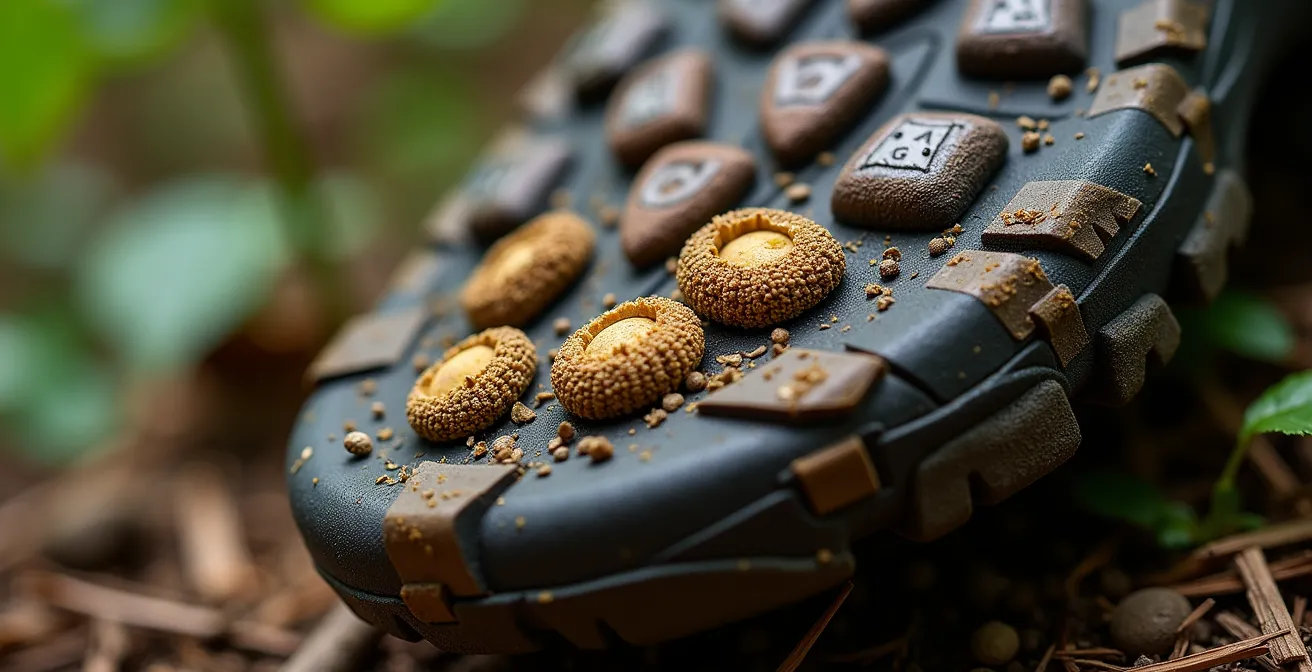 Gros plan macro sur semelle de chaussure de randonnée avec graines invasives incrustées