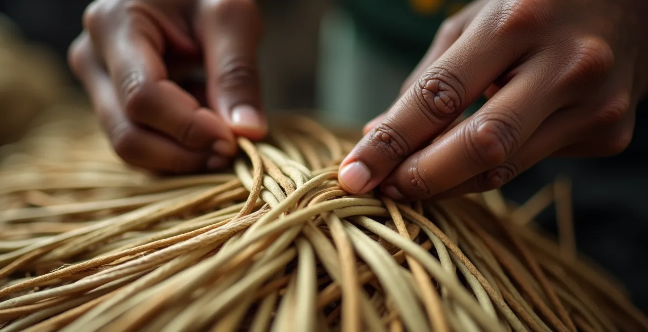 Gros plan sur les mains d'un artisan tressant minutieusement des fibres de Vacoa à La Réunion