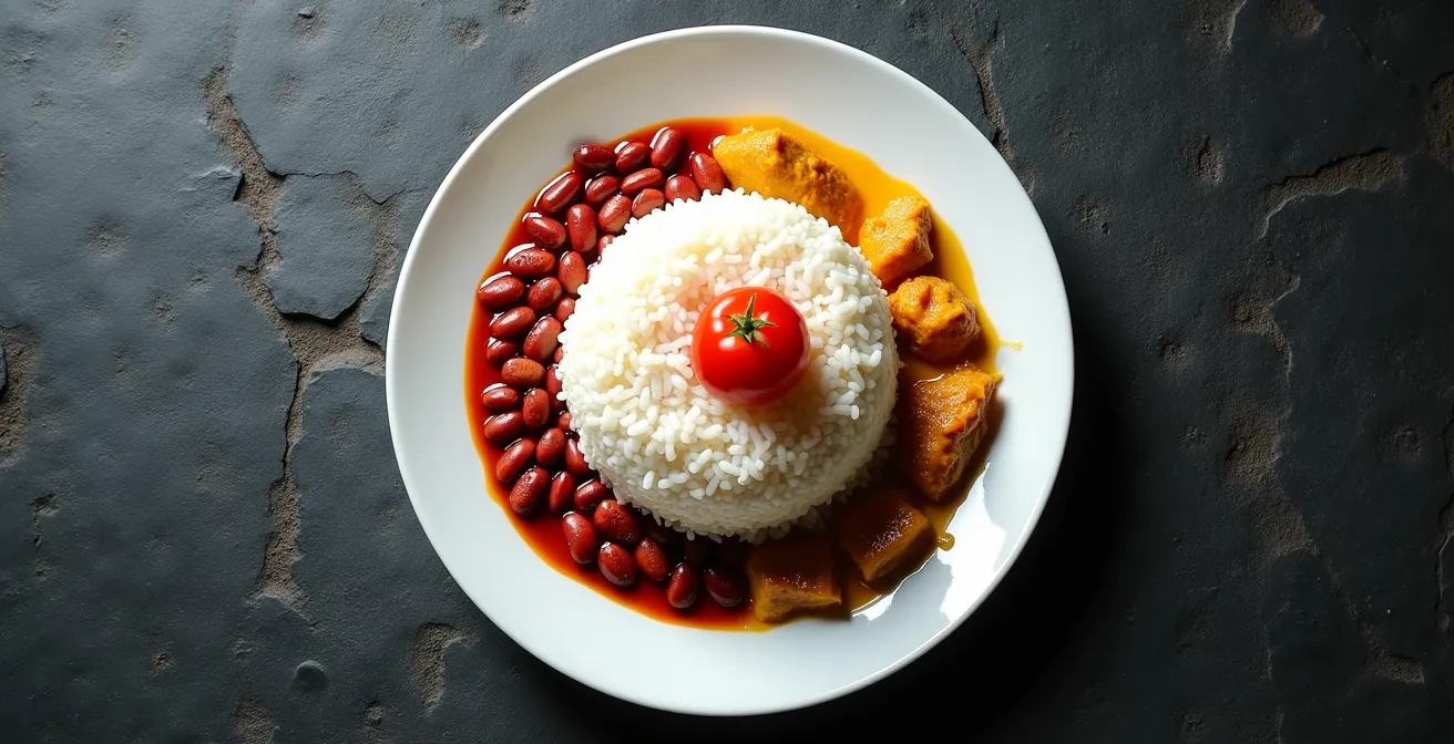 Vue aérienne d'une assiette créole montrant la disposition traditionnelle du riz, des grains et du cari avec le rougail en couronne