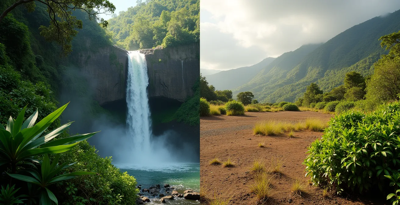 Contraste saisissant entre une cascade luxuriante de l'Est et la savane sèche de l'Ouest réunionnais
