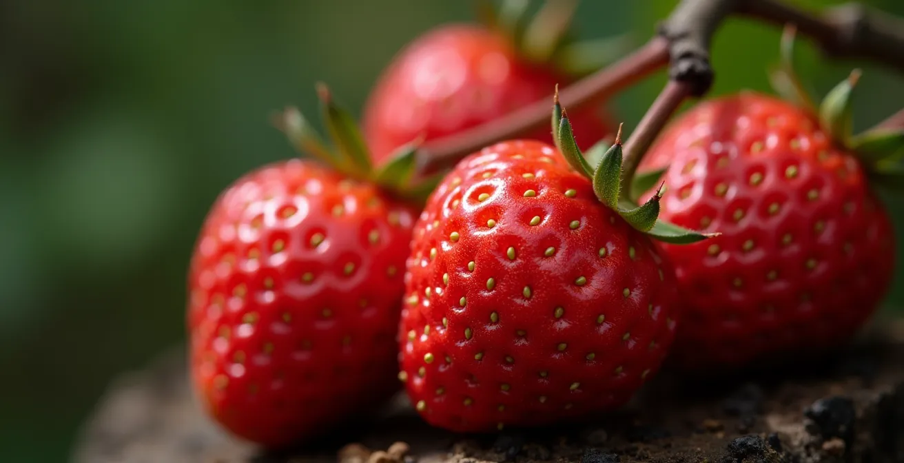 Gros plan macro sur des goyaviers rouges mûrs avec en arrière-plan flou une forêt endémique étouffée