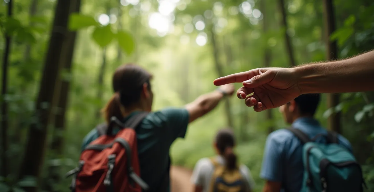 Guide certifié Esprit Parc National montrant la faune endémique lors d'une randonnée dans les Hauts de La Réunion