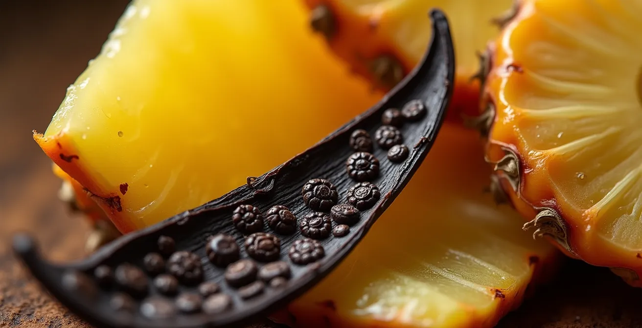 Gros plan macro sur vanille Bourbon, feuilles de faham et tranches d'ananas Victoria pour rhum arrangé